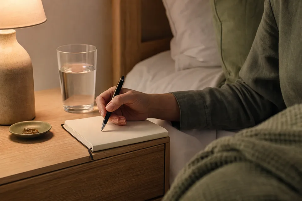 A blank bedside notebook beside a glass of water and a lamp.