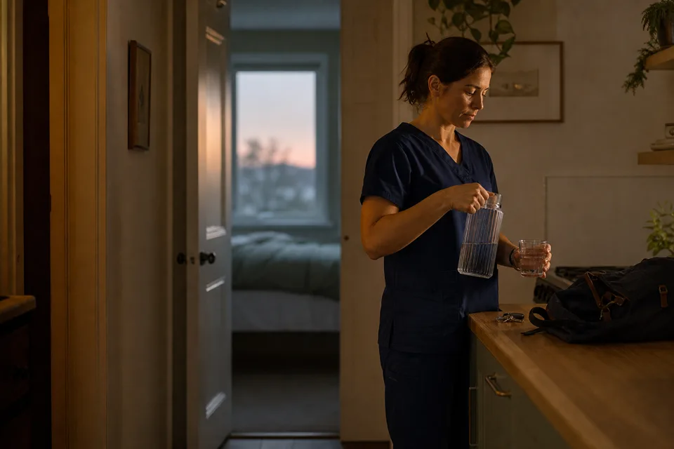 A worker winding down at home after a night shift.