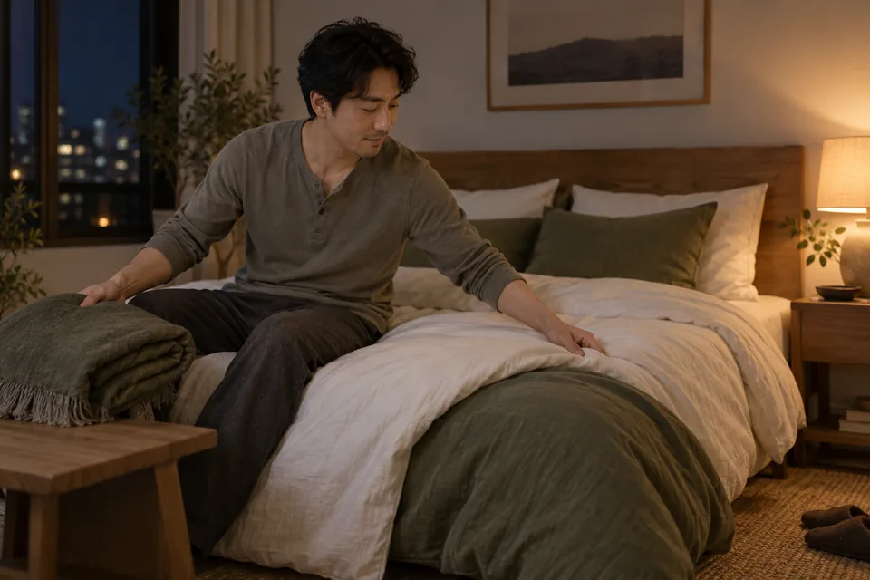 An East Asian man in his early 30s setting aside an extra blanket on the bed in a cool bedroom.