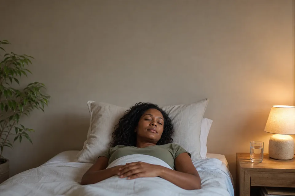 A Black British woman in her early 40s lying in bed at night with a light linen duvet to her waist, her head fully on the pillow with clear space above it.