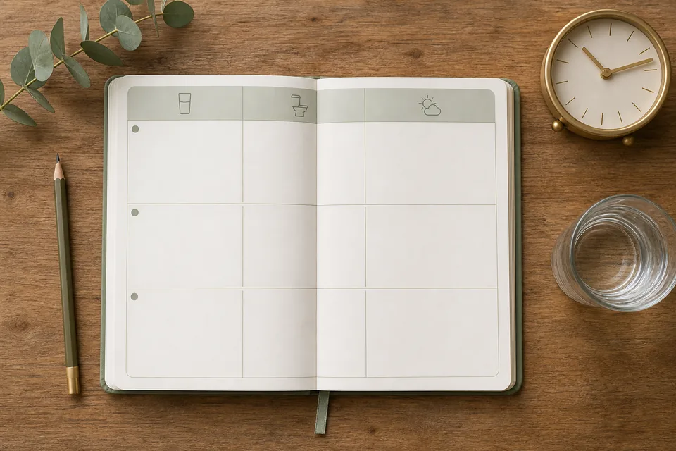 A blank notebook has three rows for recording drinks, toilet visits and night-waking observations.