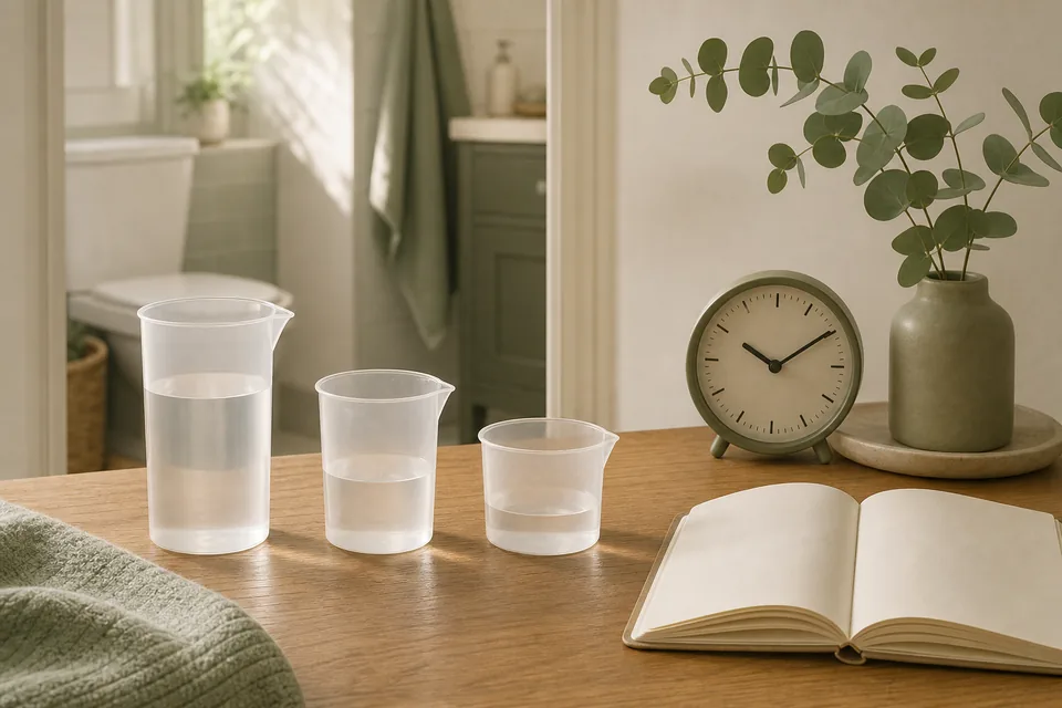 Three clear measuring vessels hold different amounts of water beside a clock and blank notebook.