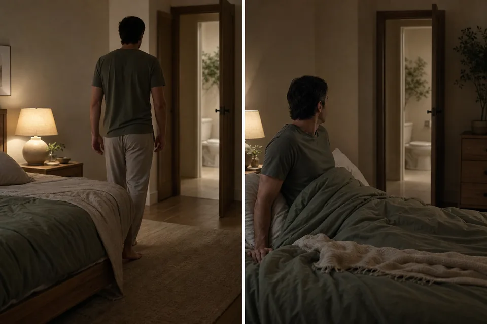 Two bedroom scenes compare waking with a bladder urge and noticing the bathroom only after another awakening.