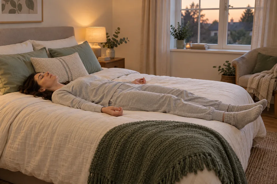 An adult lying comfortably on a bed in soft clothes with their hands and shoulders at rest.
