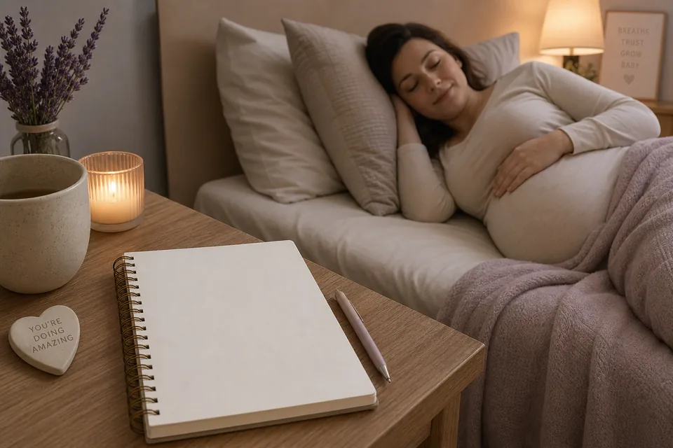 A simple blank notebook beside a calm pregnancy sleep setting.