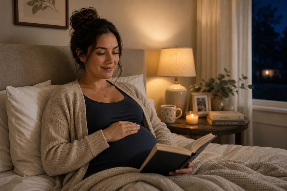 A pregnant adult sitting comfortably upright in bed during a quiet evening.