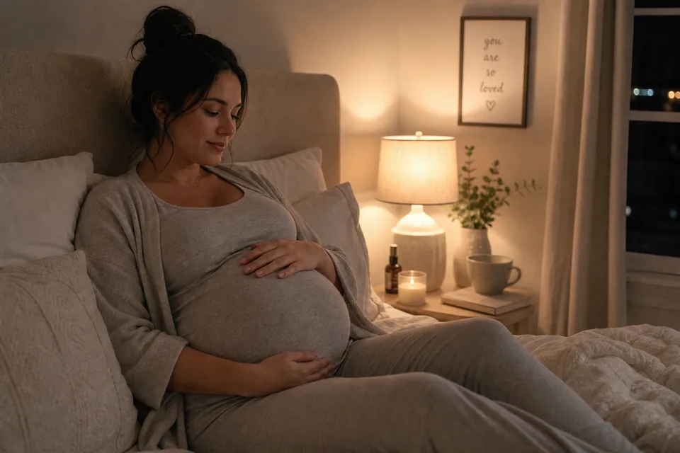 A pregnant adult winding down quietly in a softly lit bedroom before sleep.