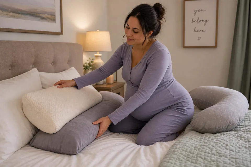A pregnant adult arranging pillows for greater comfort in bed.