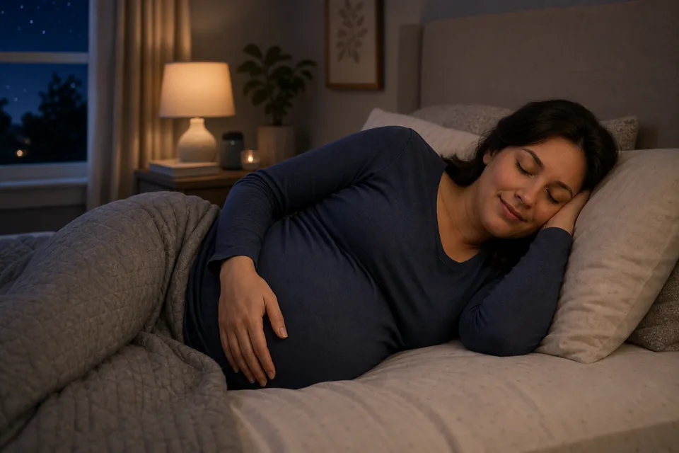 A pregnant adult resting comfortably on her side in a calm bedroom at night.