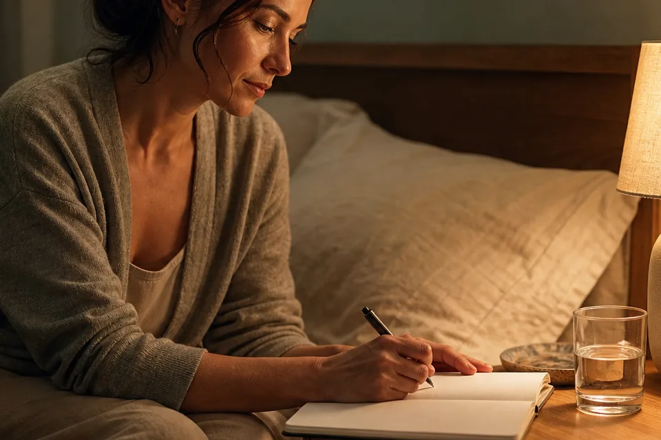 An adult sits on the edge of the bed, writing a brief note under a warm bedside lamp.