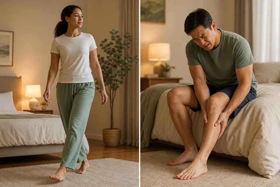 A comparison shows an urge to walk on one side and a sudden painful calf cramp on the other.