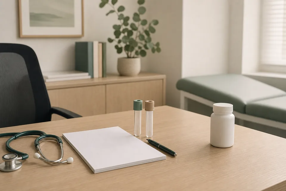A GP desk holds blank test paperwork and sample tubes, with an unopened supplement bottle set aside.