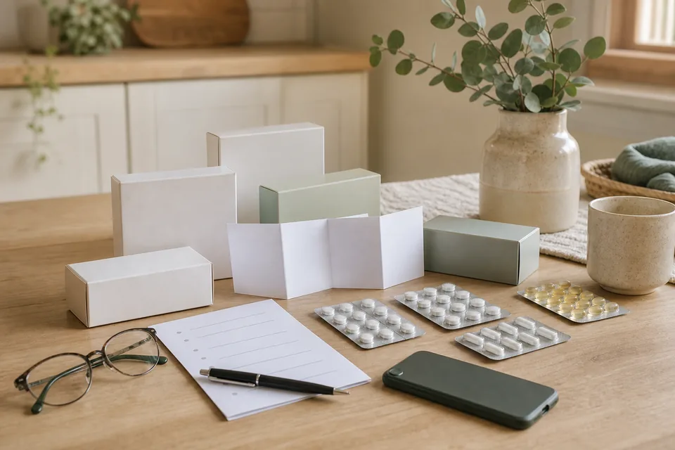 Unbranded medicines, a blank leaflet and a symptom timeline are arranged for review.