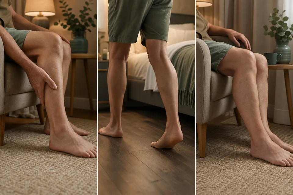 Three moments show leg discomfort at rest, gentle walking and a return to rest.