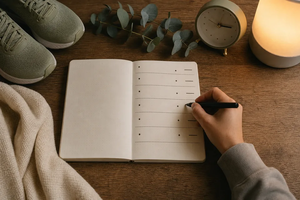 A hand records observations across seven blank evening rows beside trainers and a clock.