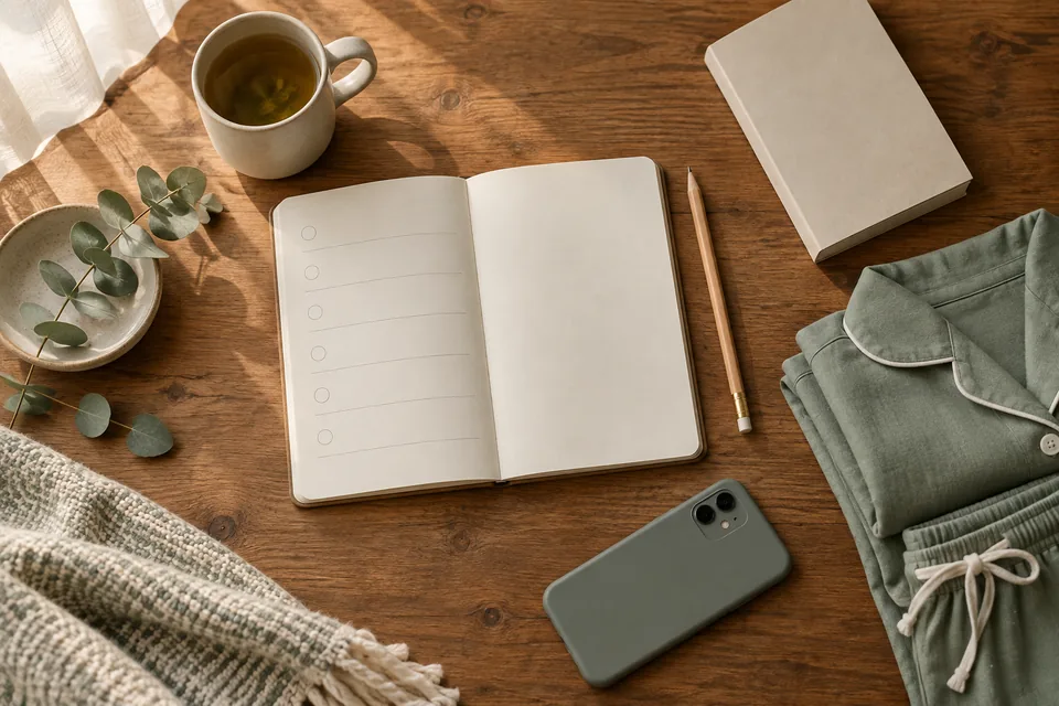 An open notebook and pencil beside a closed book, face-down phone and folded night clothes.