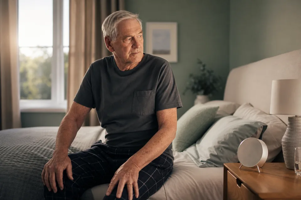 An older adult looking at a bedside clock in the early morning light.