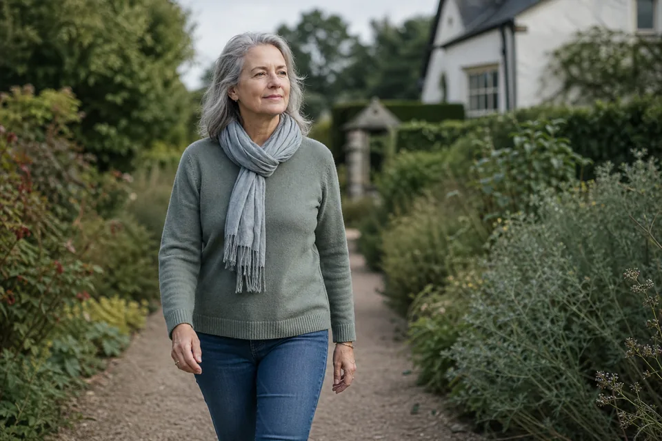 An older adult walking outdoors in gentle daylight during the morning.