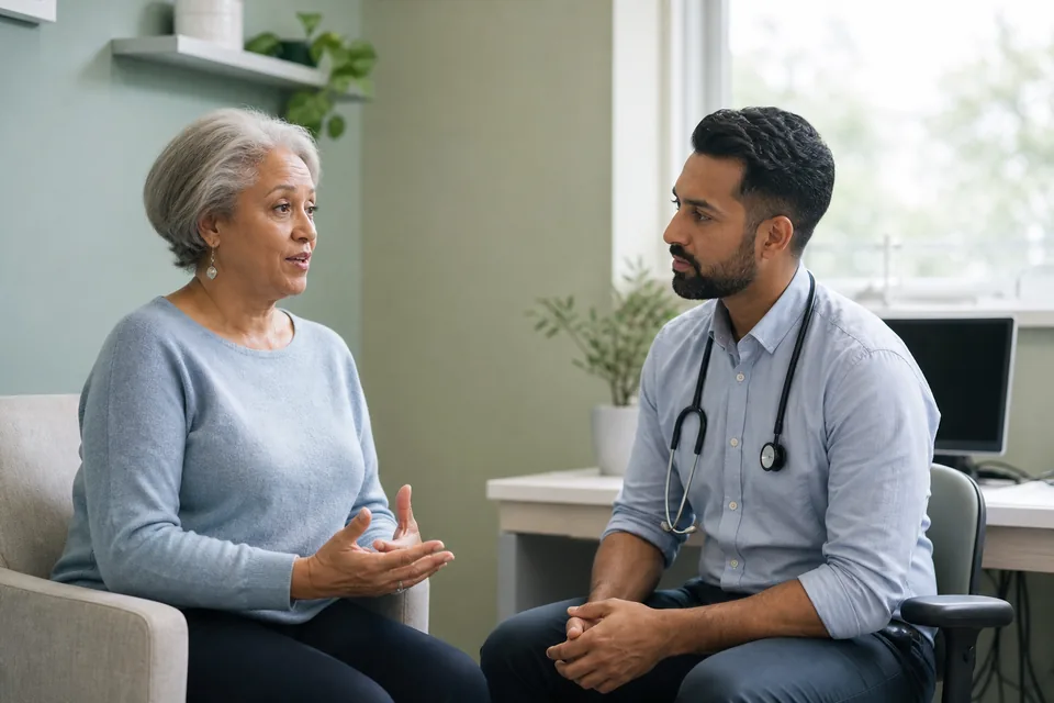 An older adult discussing sleep with a clinician in a calm consultation room.
