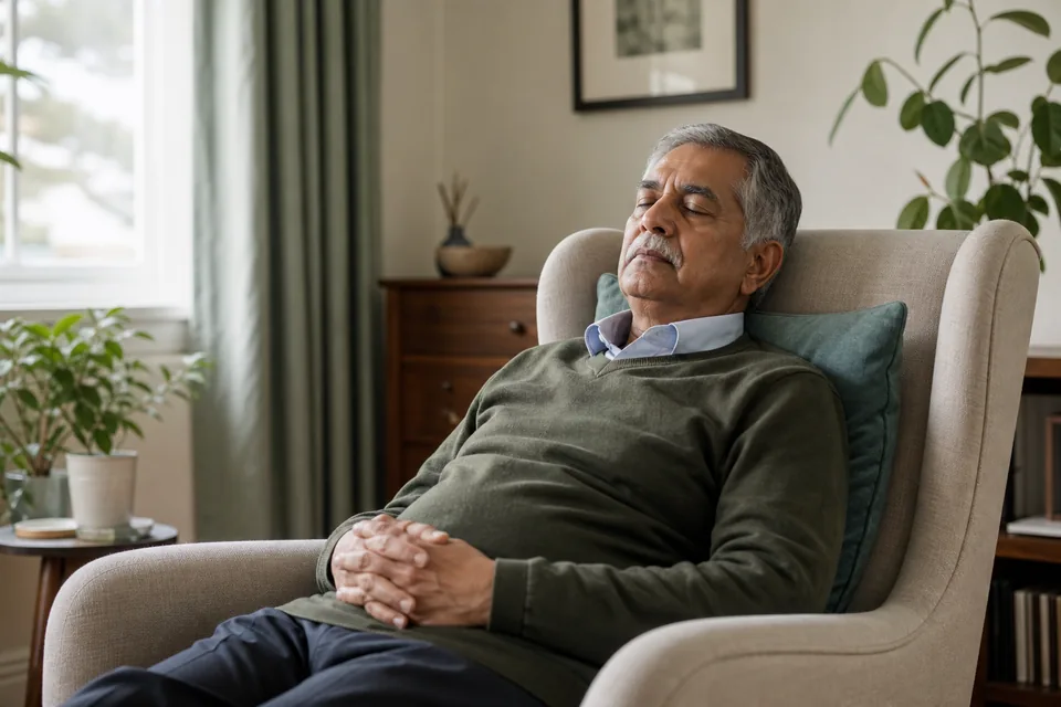 An older adult resting briefly in a chair during the afternoon.