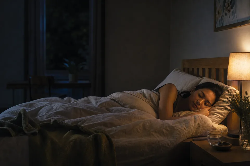 An adult sleeping comfortably in a calm bedroom with soft evening light.