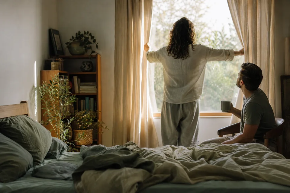 Two people in a bedroom in soft morning light, one opening the curtains.