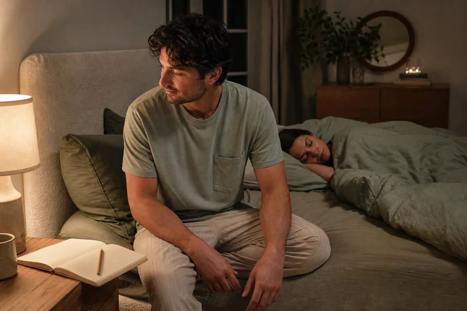 A person noting sleep times beside a bed while another person rests in the background.