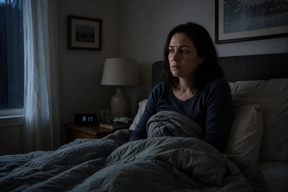 An adult awake in bed in a quiet bedroom after an unsettling sleep experience.