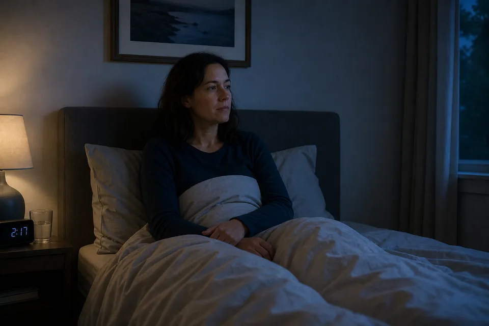 An adult sitting calmly in bed for a moment after waking during the night.