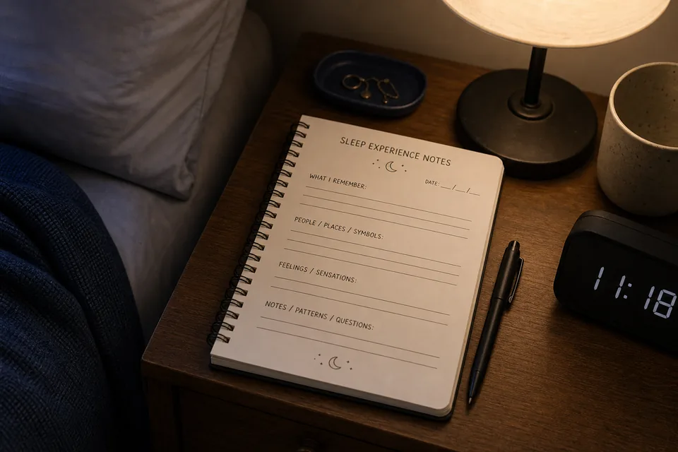 A bedside notebook ready for brief notes about a recurring sleep experience.