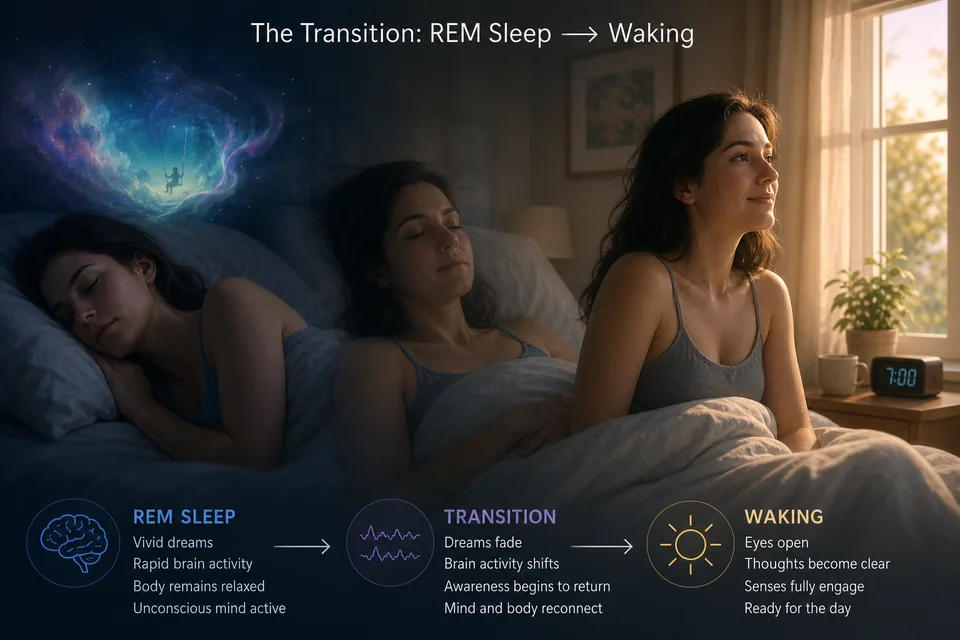 A restful bedroom scene illustrating the transition between REM sleep and waking.