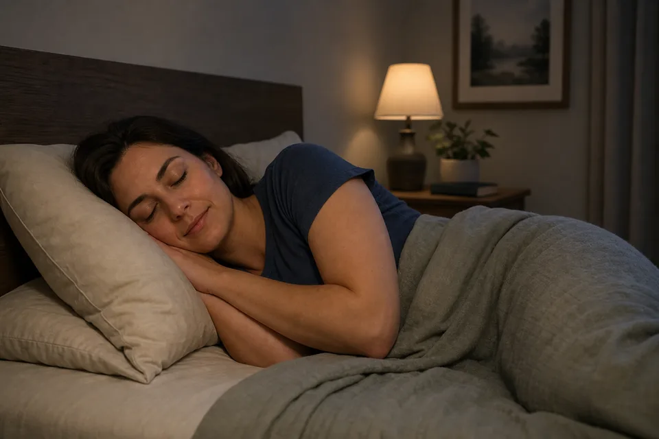 An adult sleeping comfortably on their side in a calm bedroom.
