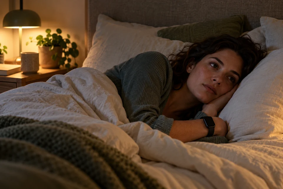 An adult lying quietly awake at night, wearing a generic wrist tracker.