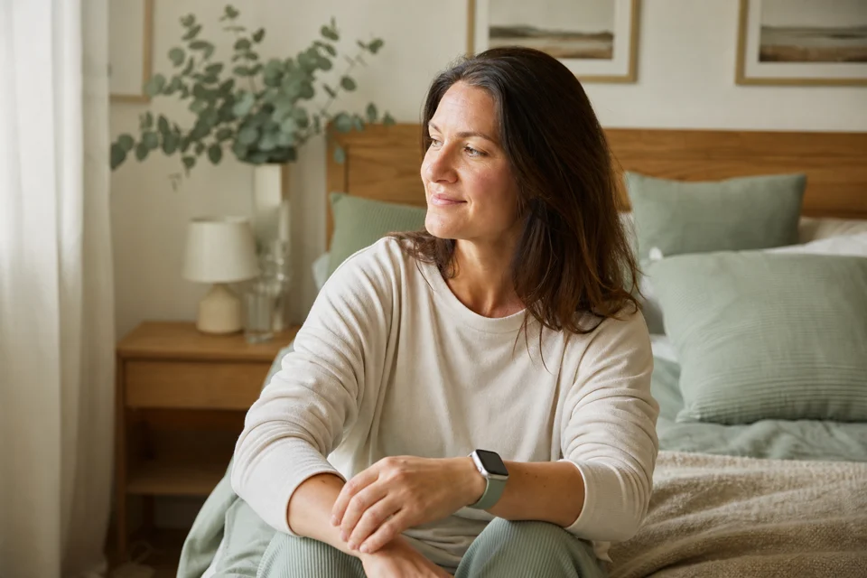 Adult waking naturally in a calm bedroom wearing a generic sleep-tracking watch.
