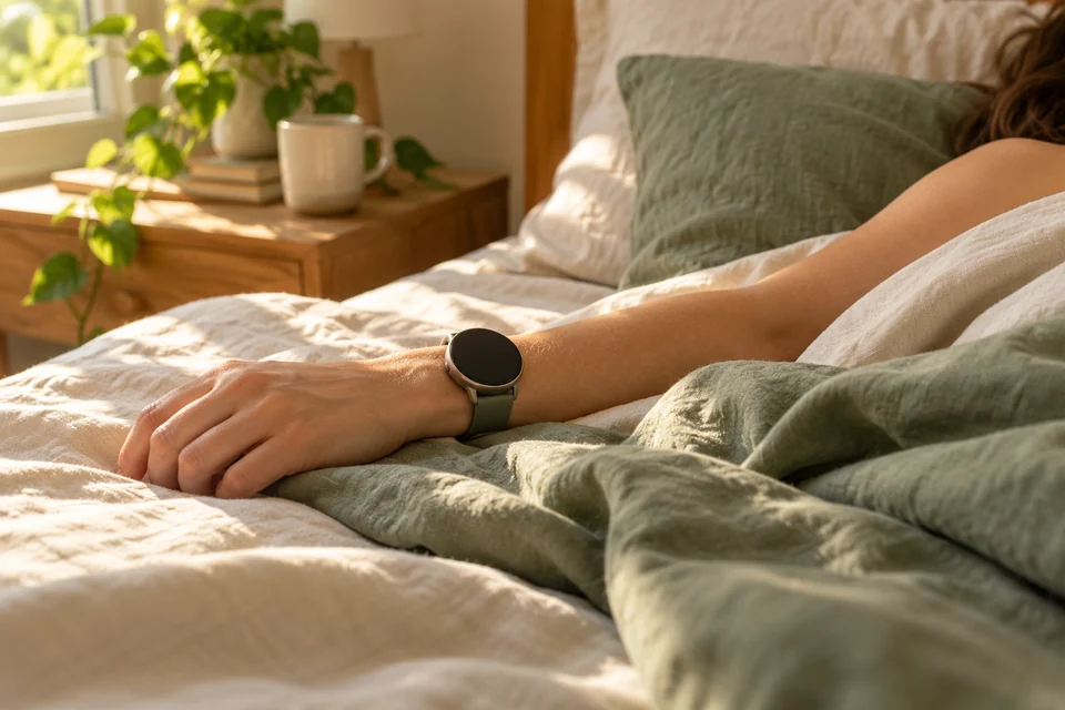 A relaxed adult wearing a generic sleep tracker in bed.