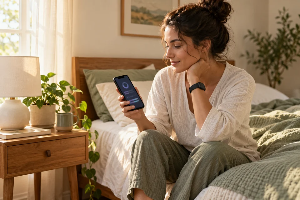 An adult checking an abstract, non-readable sleep summary on a phone in the morning.