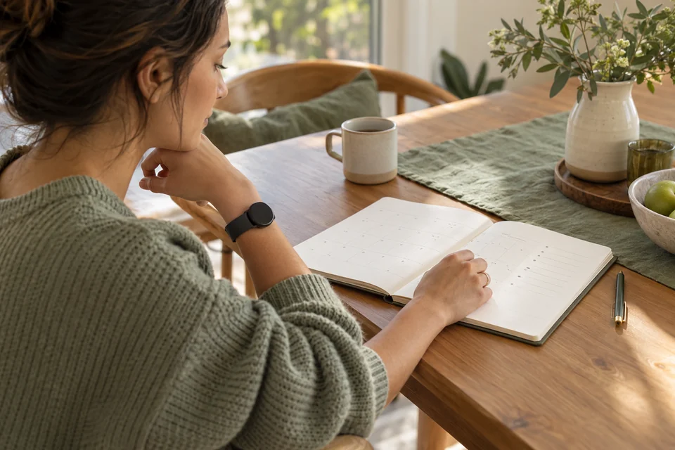 An adult reviewing a blank calendar and generic sleep tracker at a table.