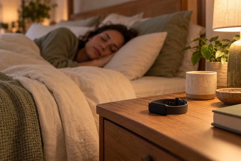 A generic wearable resting on a bedside table while an adult sleeps.