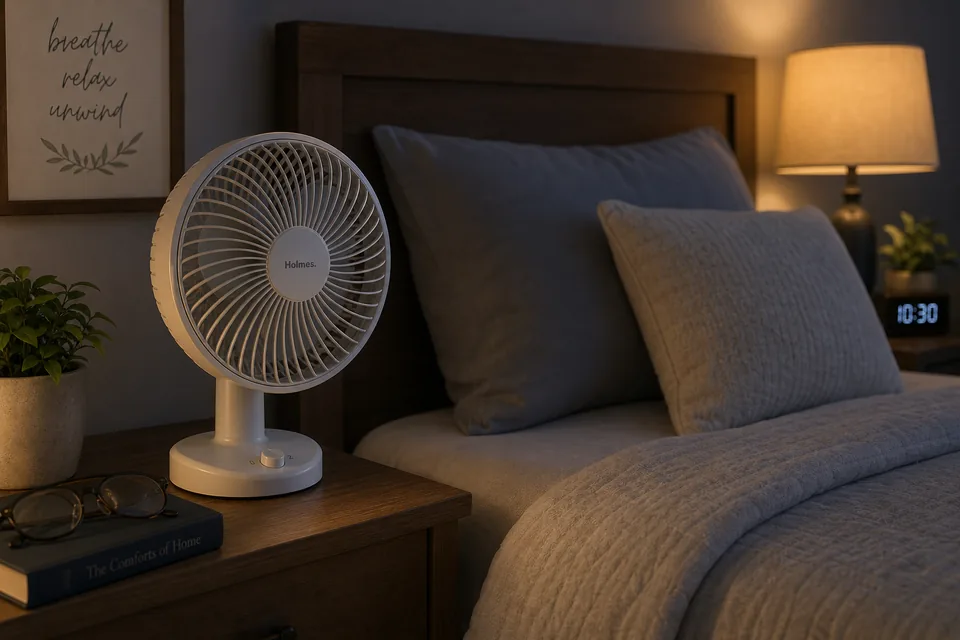A quiet bedside fan providing gentle background sound in a calm bedroom.