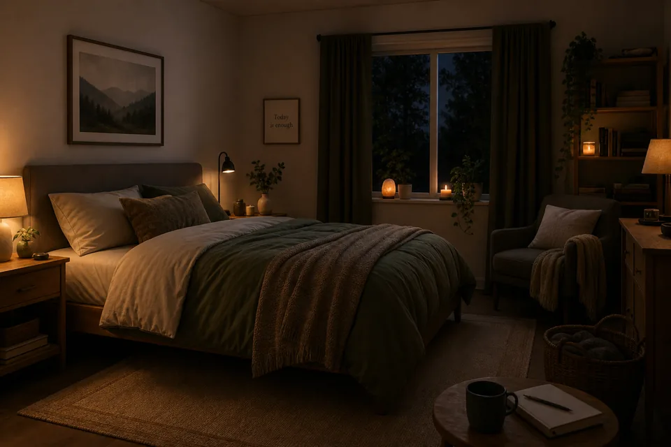 A calm, comfortable bedroom arranged for winding down without requiring perfect sleep conditions.