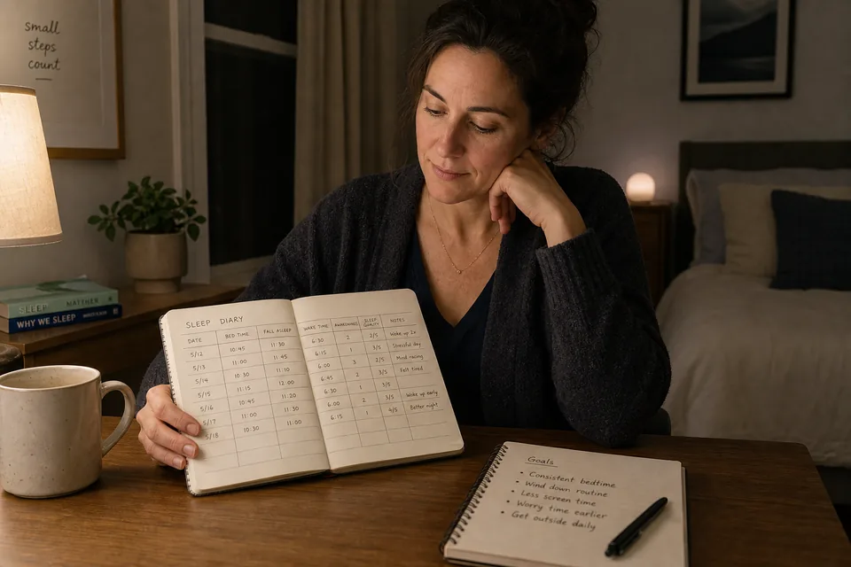 An adult calmly reviewing a simple sleep diary or notes as part of working on persistent insomnia.