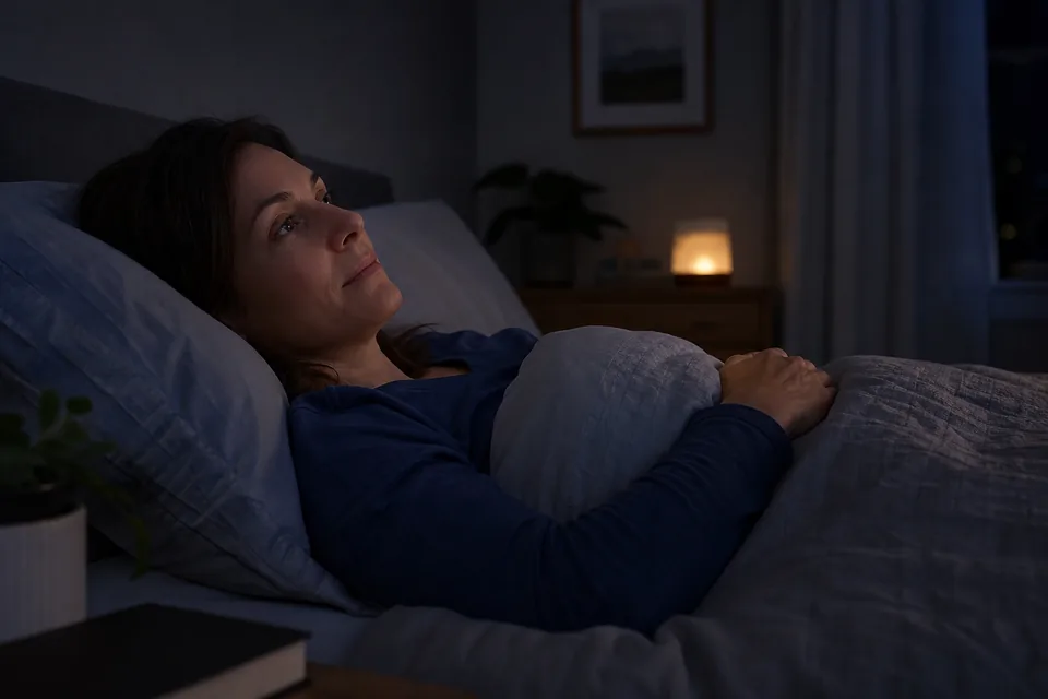 An adult awake briefly during the night, remaining calm rather than checking the clock.