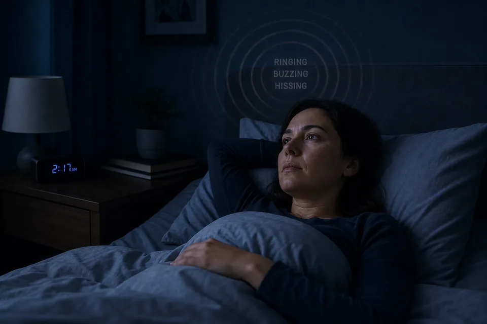An adult lying awake comfortably in bed at night, illustrating tinnitus becoming more noticeable in a quiet bedroom.