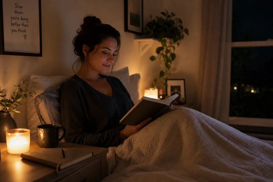 An adult winding down quietly before bed away from work and phone distractions.