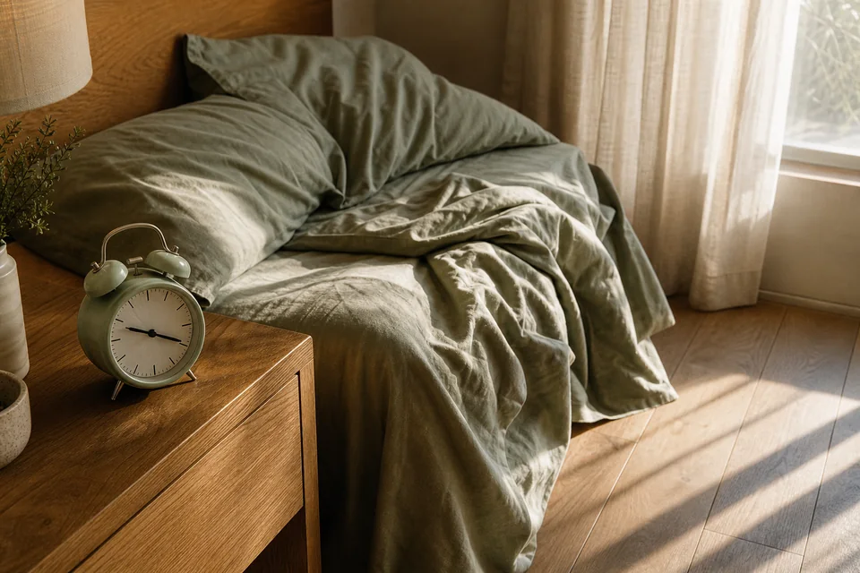 An alarm clock, rumpled bedding and morning light representing sleep amount, continuity and timing.
