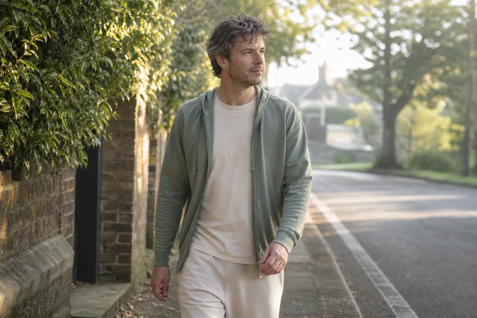 A man taking a gentle walk in morning daylight on a quiet residential street.