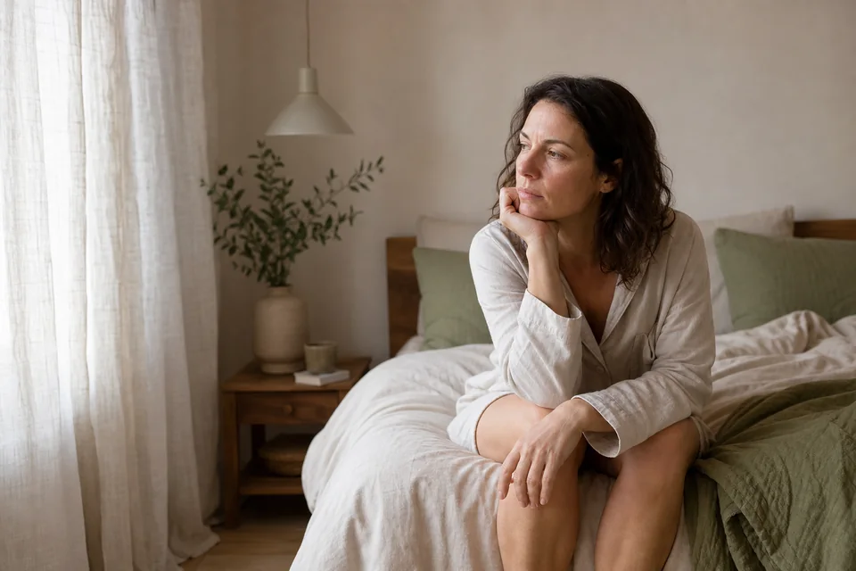 A woman sitting on the edge of her bed after waking, looking tired in soft morning light.