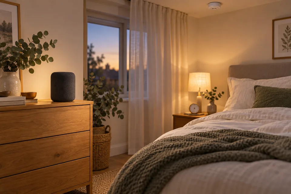 A small unbranded speaker on a dresser positioned away from the bed in a calm bedroom.